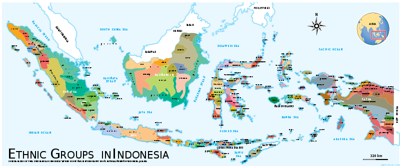 Mapa que representa a los grupos étnicos que habitan en Indonesia. Nos da una idea de la complejidad política del país.